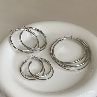 欧美夸张双环交错银色耳圈女冷淡风简约个性 潮流百搭耳环耳饰 时尚