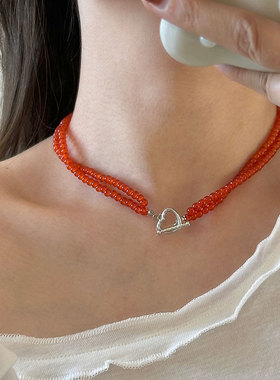 轻奢高级感红色串珠双层项链女复古个性时尚简约百搭颈链毛衣链