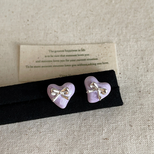 气质甜美紫色滴油爱心蝴蝶结耳钉女高级感个性 耳环耳饰 独特时尚