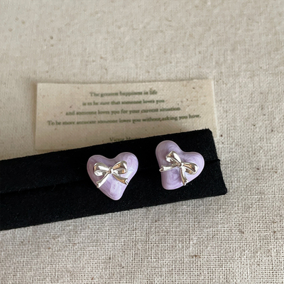 气质甜美紫色滴油爱心蝴蝶结耳钉女高级感个性独特时尚耳环耳饰