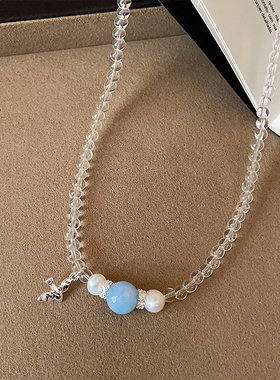 小清新蓝色天然石珍珠透明串珠项链女简约优雅时尚潮流颈链锁骨链