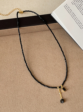 气质独特黑色水晶串珠流苏项链女复古甜酷个性时尚百搭颈链锁骨链