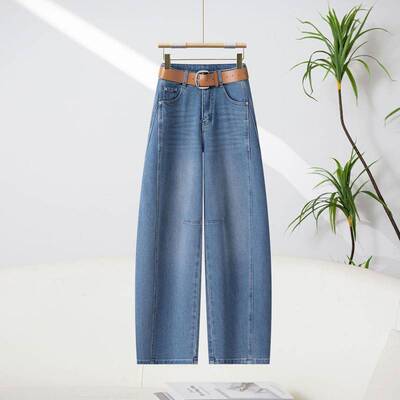 专柜品牌高端蓝色阔腿牛仔裤女春季2026新款版型超好看窄版弯刀宽