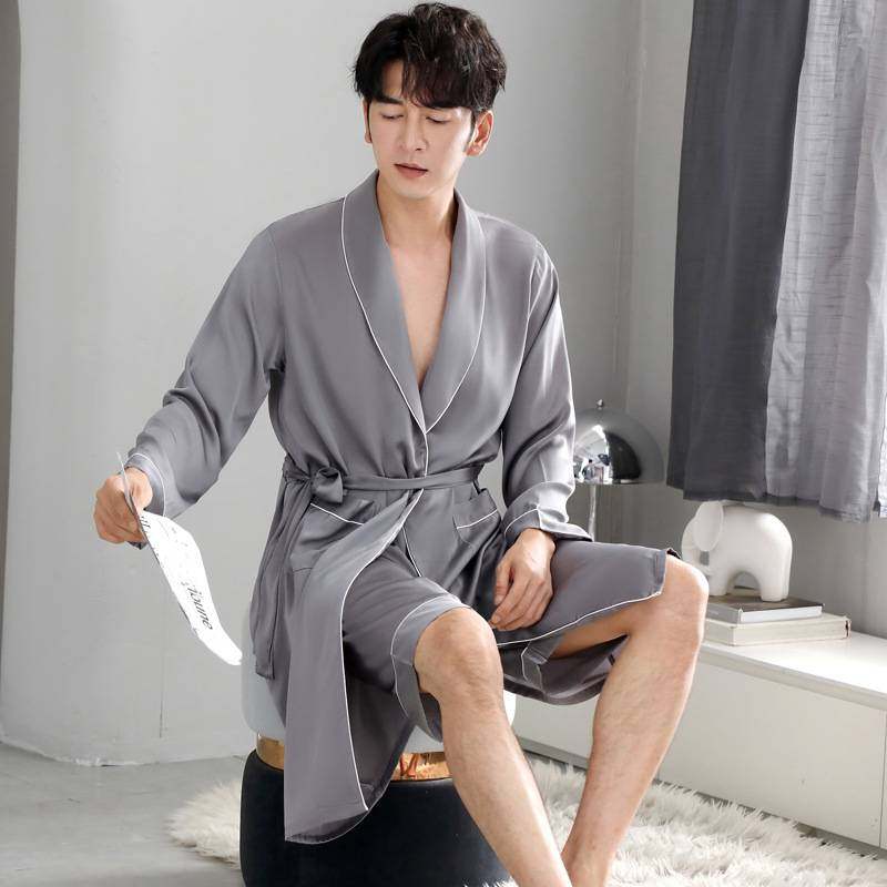 专柜品牌男士长袖睡袍春秋季冰丝睡衣仿真丝丝绸四季通用薄款家居