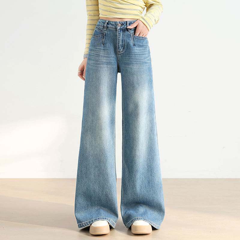 专柜品牌浅蓝色窄版阔腿牛仔裤女2026春季新款时尚高腰宽松垂感显
