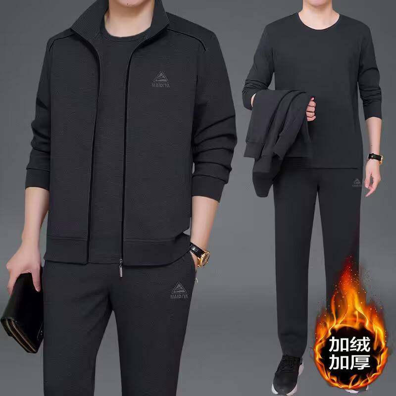 专柜品牌冬季新款男士中老年运动套装长袖长裤爸爸装运动服翻领三