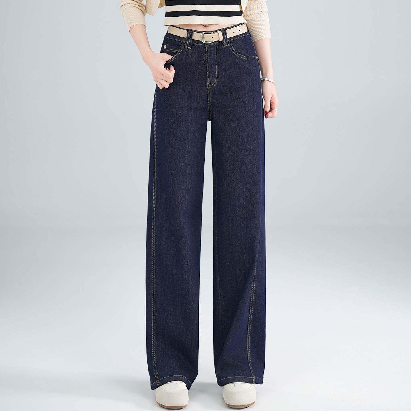 专柜品牌深蓝色阔腿牛仔裤女2026春季新款时尚复古高腰宽松垂感显