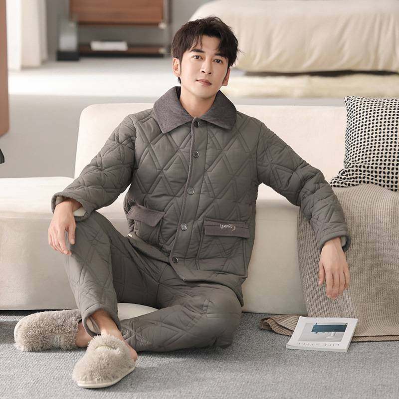 专柜品牌2025新款男士睡衣冬季三层加厚加绒梭织棉夹棉中年爸爸冬