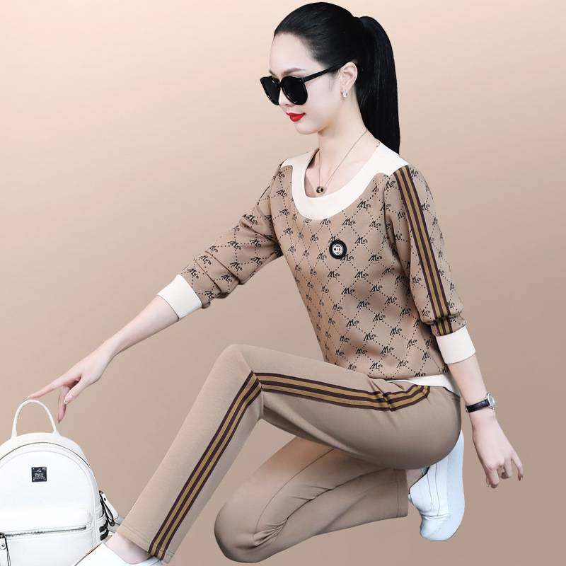 专柜品牌卫衣套装女春秋新款时尚洋气减龄妈妈圆领印花运动休闲两
