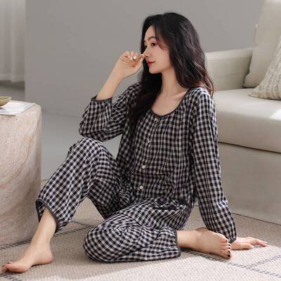 专柜品牌带胸垫睡衣女款春秋季梭织纯棉长袖中年妈妈秋冬天大码家