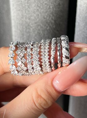 欧美爆款S925纯银戒指女排钻锆石镶嵌精致百搭婚礼女闭口戒指直销