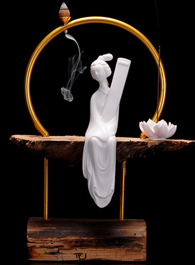 中式禅意风化木倒流香创意摆件家居客厅创意陶瓷美女仕女摆设装饰