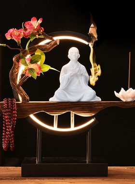 新中式禅意陶瓷人物倒流香小夜灯圈家居桌面客厅装饰品香薰炉摆件