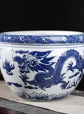 古典青花瓷鱼缸摆件景德镇大号养鱼盆荷花缸乌龟缸碗莲睡莲盆金鱼