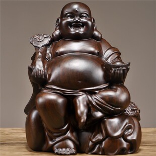 开心佛实木摆件家居饰品黑檀木雕笑口常开弥勒佛像工艺品客厅招财
