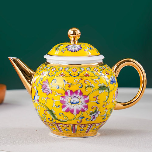 宫廷风陶瓷茶壶景德镇复古珐琅彩向阳花宫灯壶家用手把壶中式茶壶