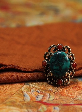 承李李原创设计 纯银镶嵌有机红宝松石珠宝玉石 复古气质老银戒指