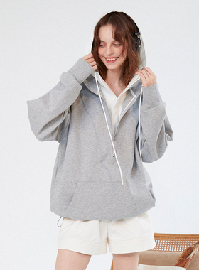 peur灰色拼接衬衫卫衣进口棉宽松立领连帽春季通勤假两件原创小众