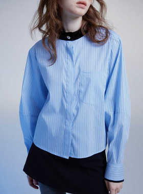 peur圆领蓝色竖纹条纹衬衫丝绒拼接宽松微短日本进口莫代尔棉高级