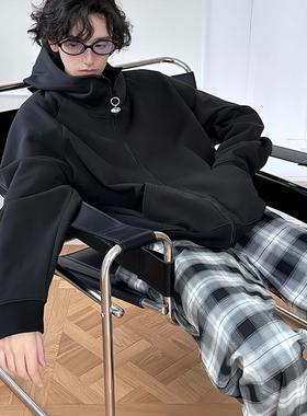 peur黑色立领连帽卫衣拉链外套简约宽松廓形精梳棉中长款男女同款