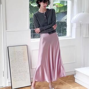 peur醋酸中长裙丝光缎面显瘦抽褶百搭水波纹纯色微鱼尾通勤半身裙