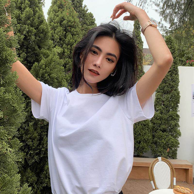 白t恤女装纯棉纯白短袖宽松圆领内搭上衣纯色短袖正肩白色打底衫