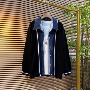 新款 大码 女装 2023秋季 宽度显瘦牛仔拼接假两件外套上衣 胖妹妹时尚