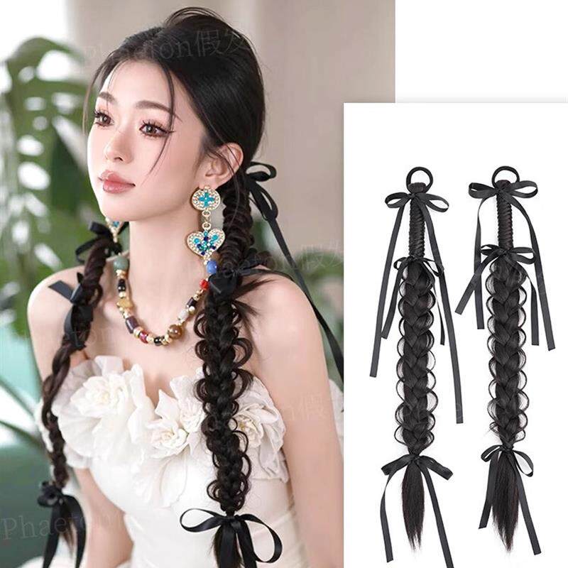新中国风编发女士假发纯手工鱼骨编发新娘礼服扭曲的麻花编发缎带