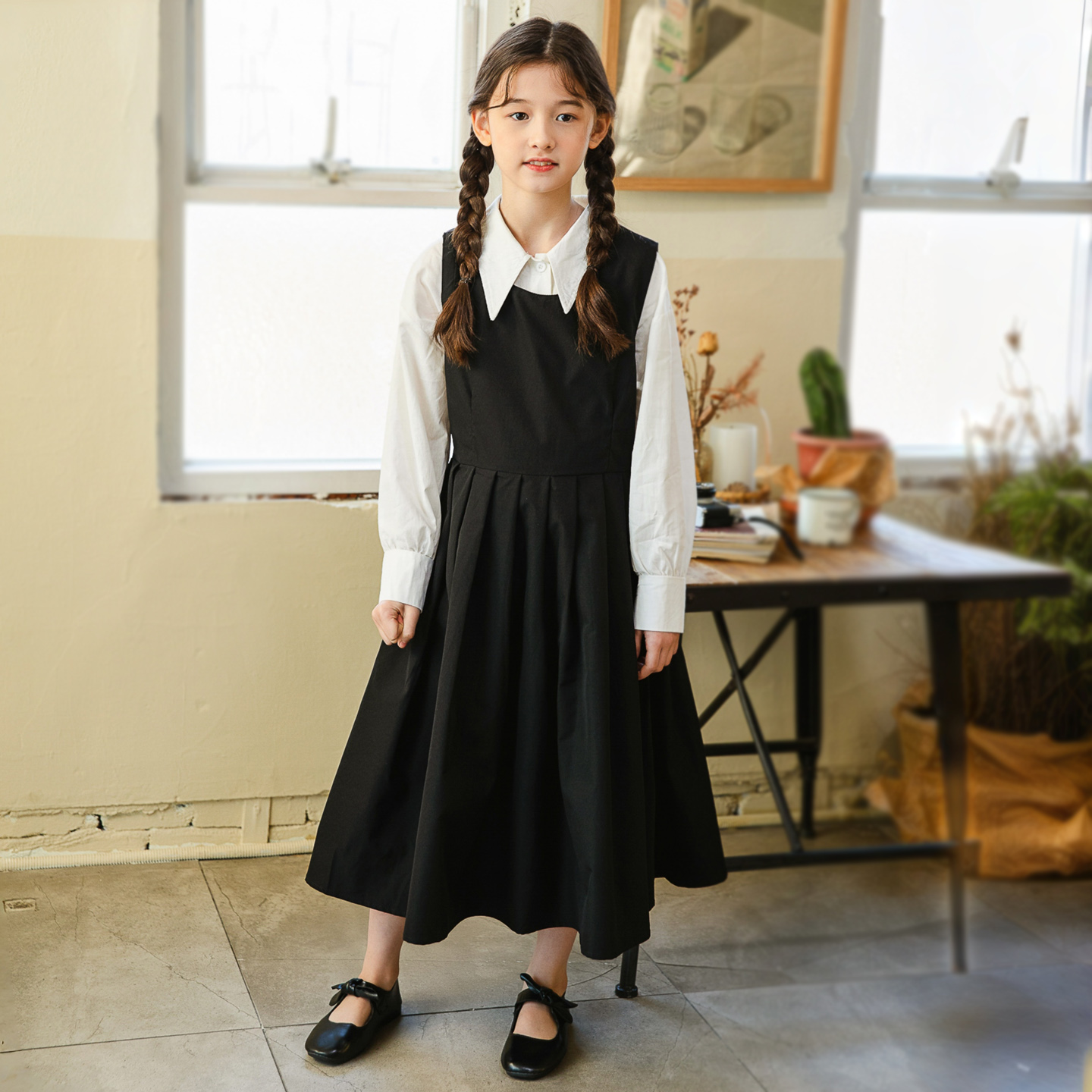 法式赫本风穿搭套装连衣裙女大童长袖白色衬衫黑色背心裙两件套裙