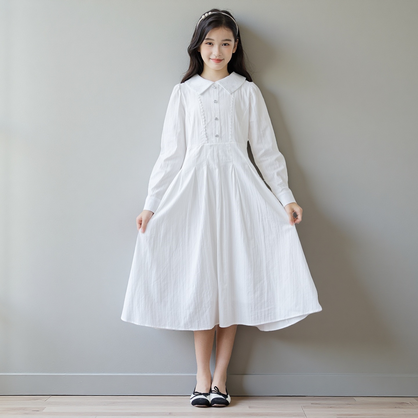 法式温柔风白色长袖衬衫连衣裙女童春秋裙子娃娃领学院风收腰长裙