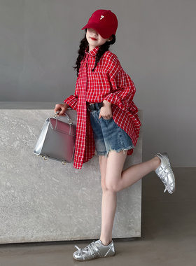 女童红白格子长款衬衫春夏韩系