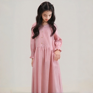 130-170大童粉色格纹长裙森系文艺初恋风温柔宽松长袖女童连衣裙