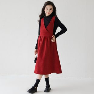 女大童红色裙子2025新款洋气背带裙初中生套装裙冬季连衣裙两件套