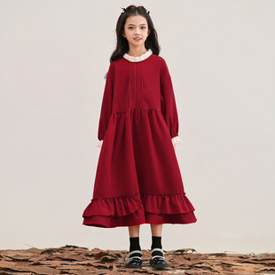 女童连衣裙冬季加绒红色裙子森系甜美风荷叶边宽松大码花边领长裙