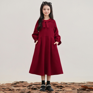 甜美学院风红色长袖连衣裙初中生女孩裙子秋冬新款娃娃领收腰长裙