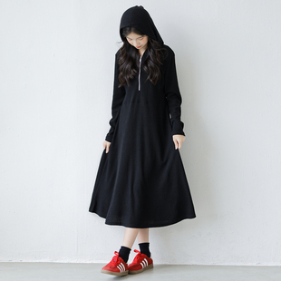 慵懒休闲抽绳连帽针织连衣裙女童黑色长款毛衣裙初中生高中生长裙