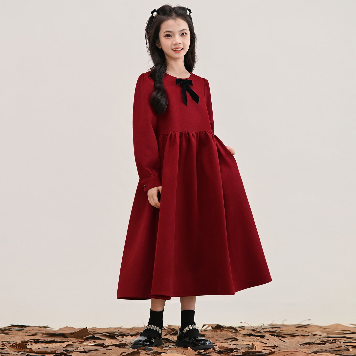 甜美学院风蝴蝶结红色连衣裙