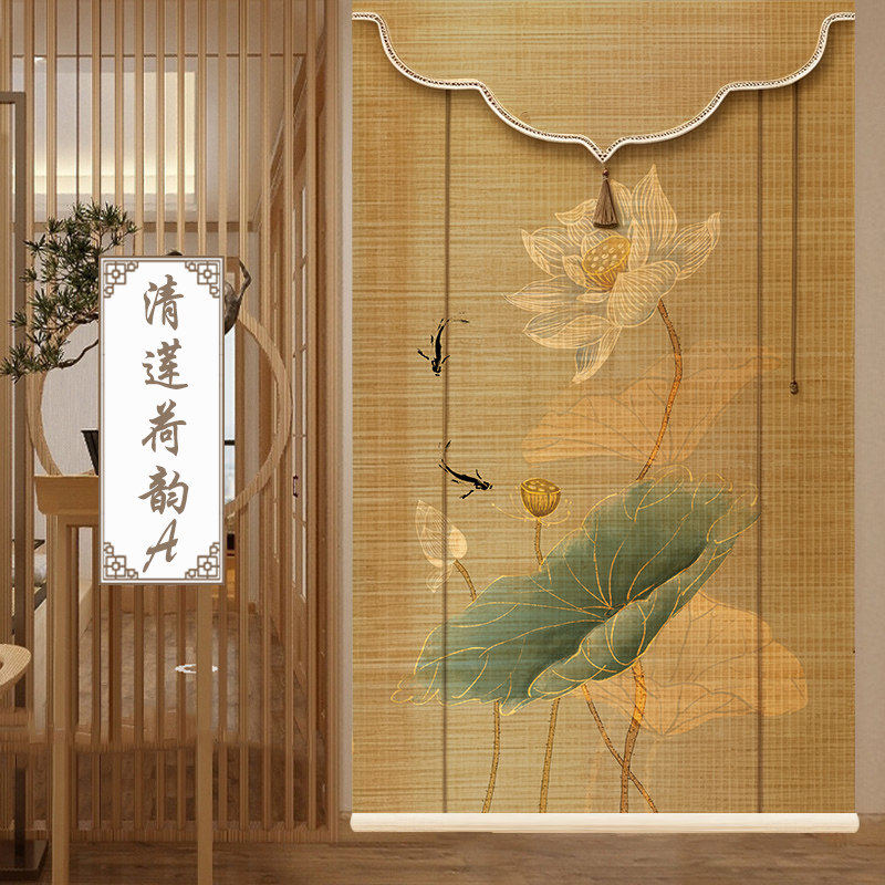 新中式茶室背景竹帘卷帘