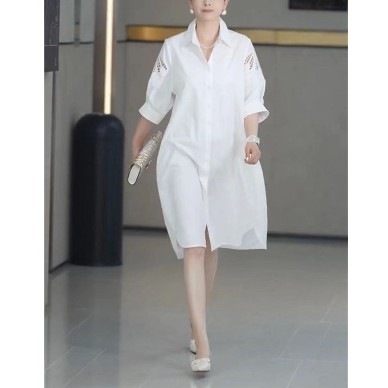 23380大爱美依缘2025夏季新款白色翻领衬衫连衣裙宽松中长款女裙