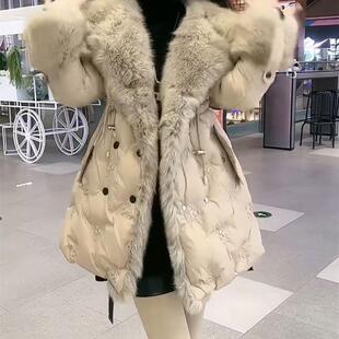 欧货天使之翼大毛领中长款刺绣羽绒棉服女外套2024冬新款韩版时尚