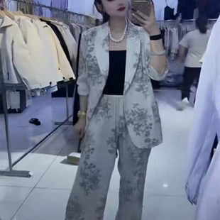 時尚 歐貨爆款 套裝 女2025年夏日新款 兩件套 寬松印花西服外套闊腿褲