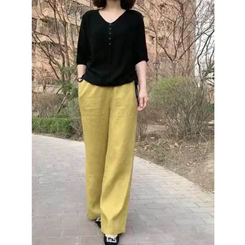 发9198大爱美依缘2025春夏新款黑色打底衫黄色阔腿裤时尚显瘦