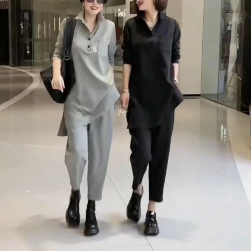 23691大爱美依缘2025秋季新款时尚休闲套装纯色宽松显瘦两件套女