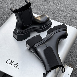 欧洲站马丁靴女2025年新款 厚底烟管靴百搭一脚蹬真皮切尔西靴女靴