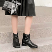 英伦风百搭粗跟瘦瘦靴加绒短筒女靴 新款 时尚 方头短靴女2025年冬季