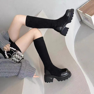 高筒弹力瘦瘦靴女2023年秋冬新款欧版加绒厚底长靴一脚蹬袜靴女靴