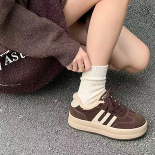 学院风真皮加绒保暖德训鞋 羊羔毛时尚 新款 女2025年冬季 厚底休闲鞋