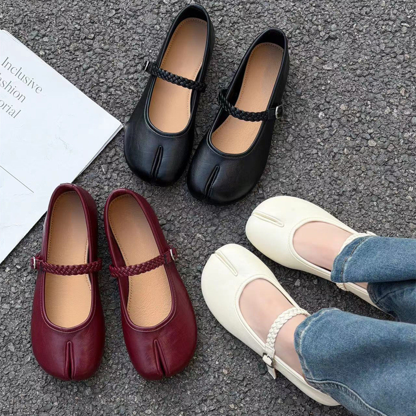 时尚软底分趾单鞋女2026年春季新款韩版真皮一字带平底皮鞋豆豆鞋,女鞋,玛丽珍鞋,淘宝优惠券,粉丝福利购,淘宝优惠卷