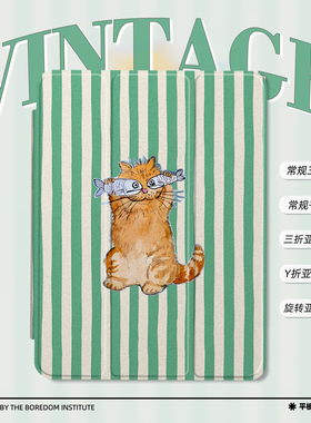 小众绿色条纹搞怪橘猫插画手绘潮适用于苹果2025款iPadPro12.9/11三折保护壳air6/air7/mini7亚克力Y折平板壳