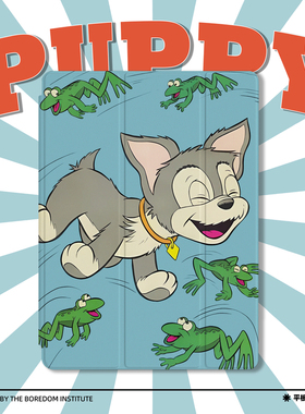 灰色小狗青蛙可爱卡通风复古杂志适用于苹果2024款iPadPro12.9/11三折保护壳air6/air5/mini6防摔气囊平板壳